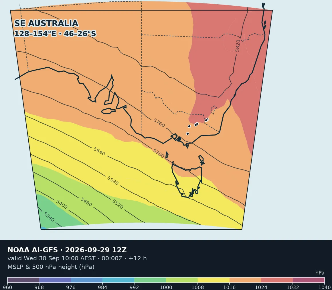 MSLP & 500 hPa height — NOAA AI-GFS · single deterministic run (no ensemble members) · run 29 Sept 2026, 12:00 UTC · +12 h · 0.25° regular latitude–longitude, valid 30 Sept 2026, 00:00 UTC.