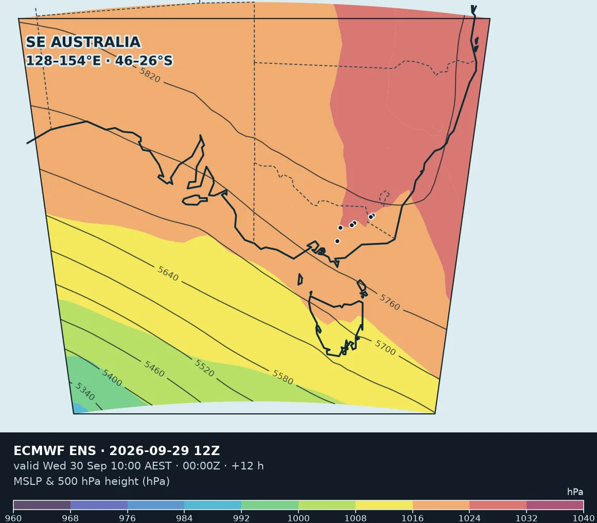 MSLP & 500 hPa height — ECMWF ENS · calculated available-member mean · run 29 Sept 2026, 12:00 UTC · +12 h · 0.25° regular latitude–longitude, valid 30 Sept 2026, 00:00 UTC.