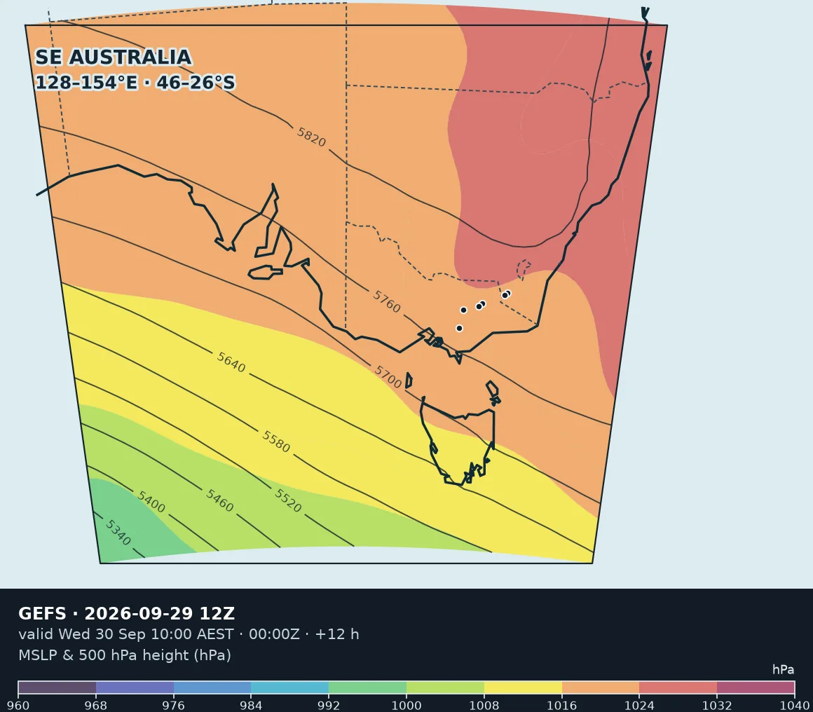 MSLP & 500 hPa height — GEFS · official ensemble mean (GEFS geavg) · run 29 Sept 2026, 12:00 UTC · +12 h · 0.50° regular latitude–longitude, valid 30 Sept 2026, 00:00 UTC.